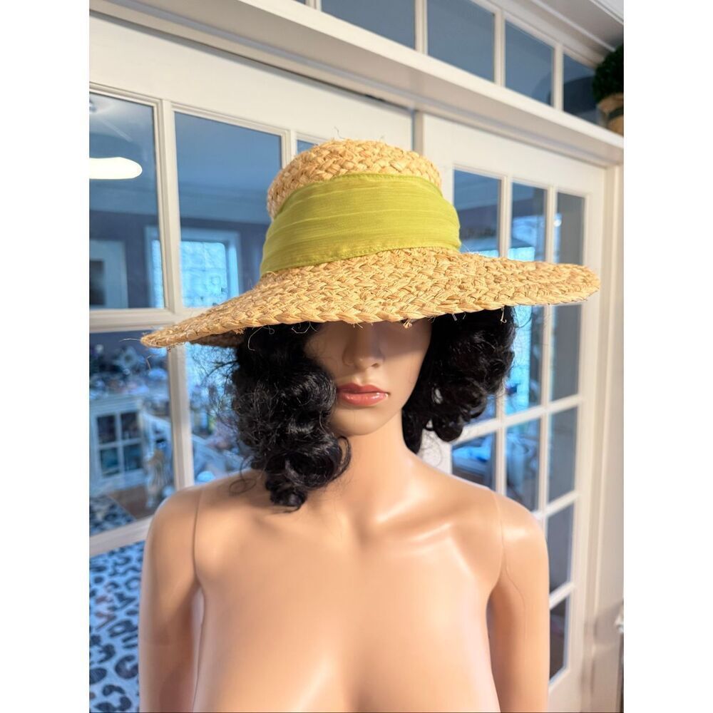 Cappelli Starwood Wife Brim Floppy Straw Hat with Green Bow EUC